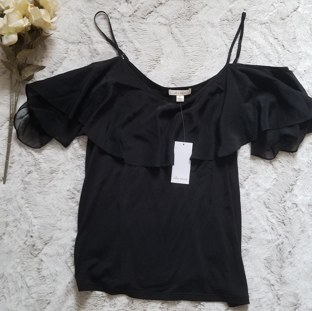 ✨️CL Ella Moss Black Ruffle Accent Cold Shoulder Blouse‎